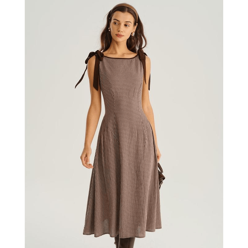 Brown Plaid Boat Neck A-Line Midi Dress