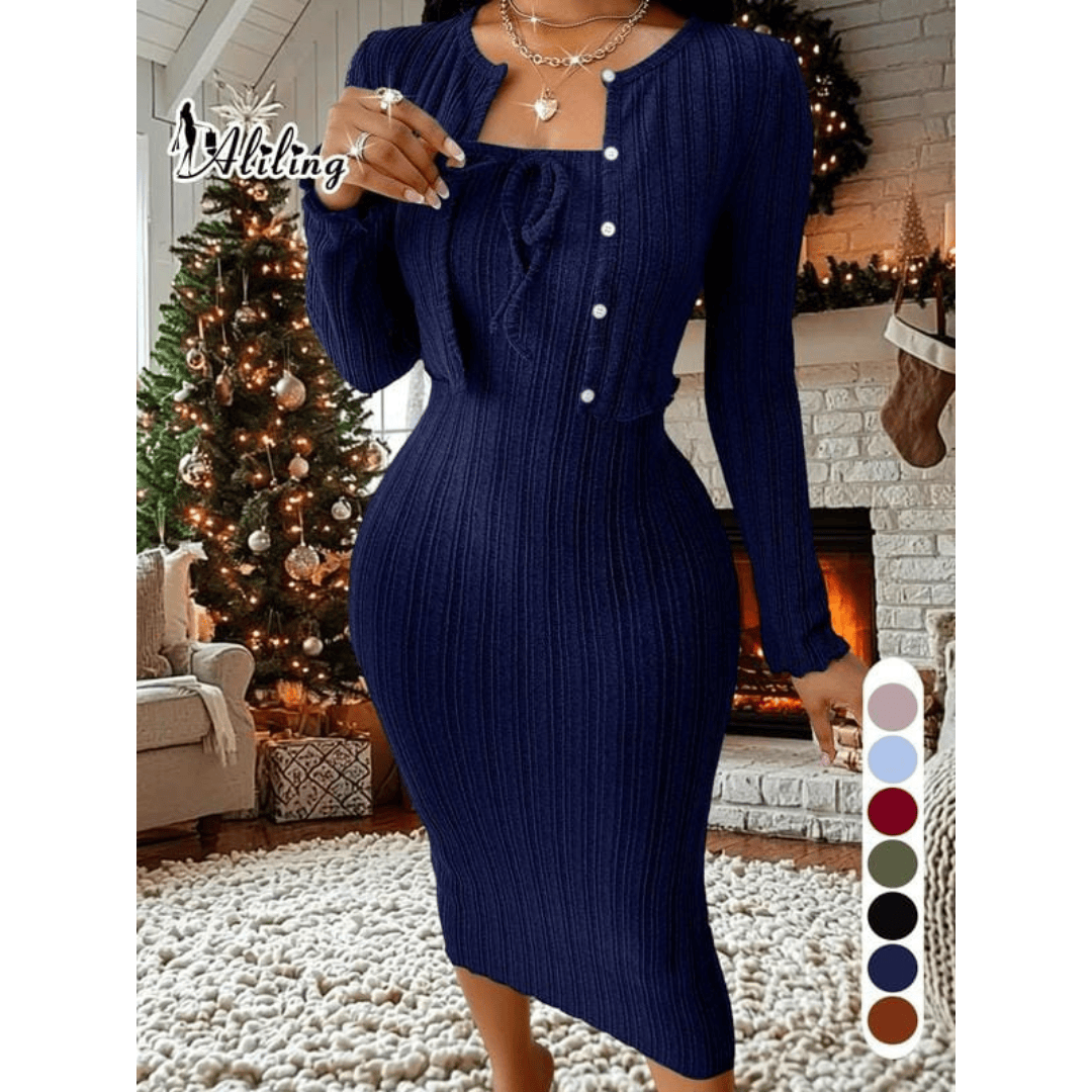 Ribbed Button-Front Cardigan & Bodycon Dress Set
