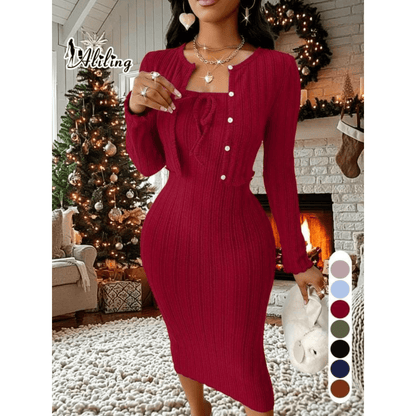 Ribbed Button-Front Cardigan & Bodycon Dress Set