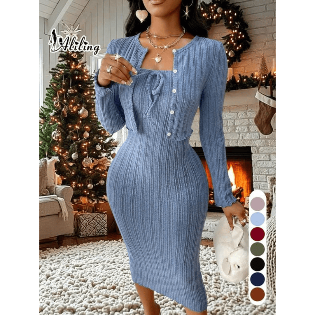 Ribbed Button-Front Cardigan & Bodycon Dress Set
