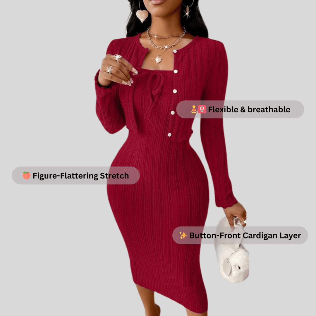Ribbed Button-Front Cardigan & Bodycon Dress Set