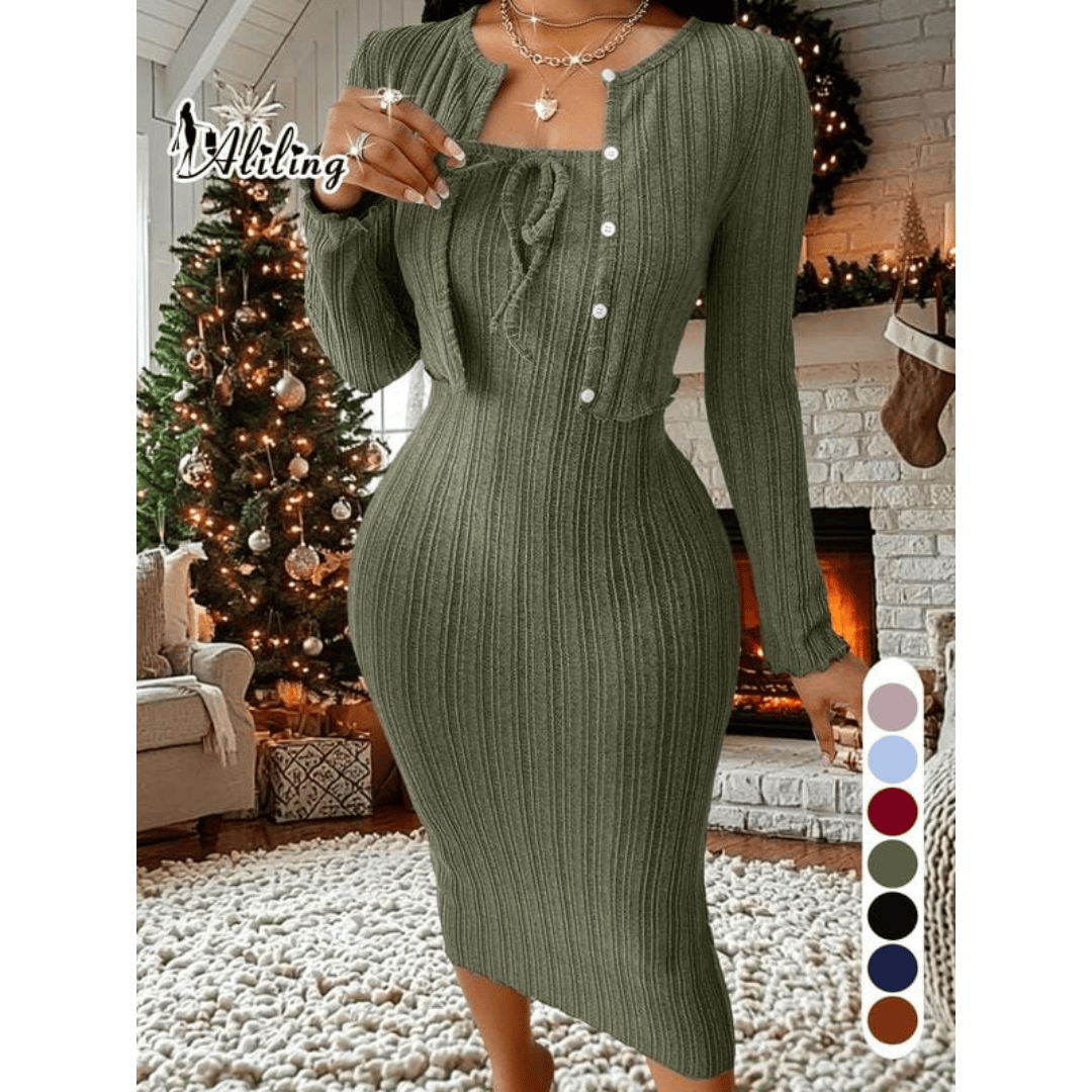 Ribbed Button-Front Cardigan & Bodycon Dress Set