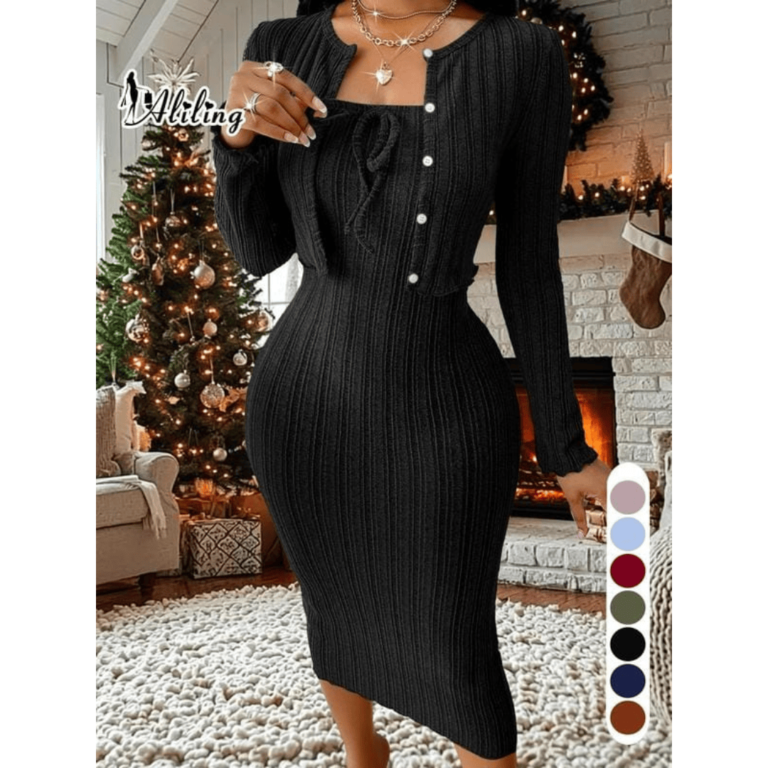 Ribbed Button-Front Cardigan & Bodycon Dress Set