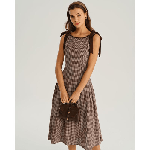 Brown Plaid Boat Neck A-Line Midi Dress