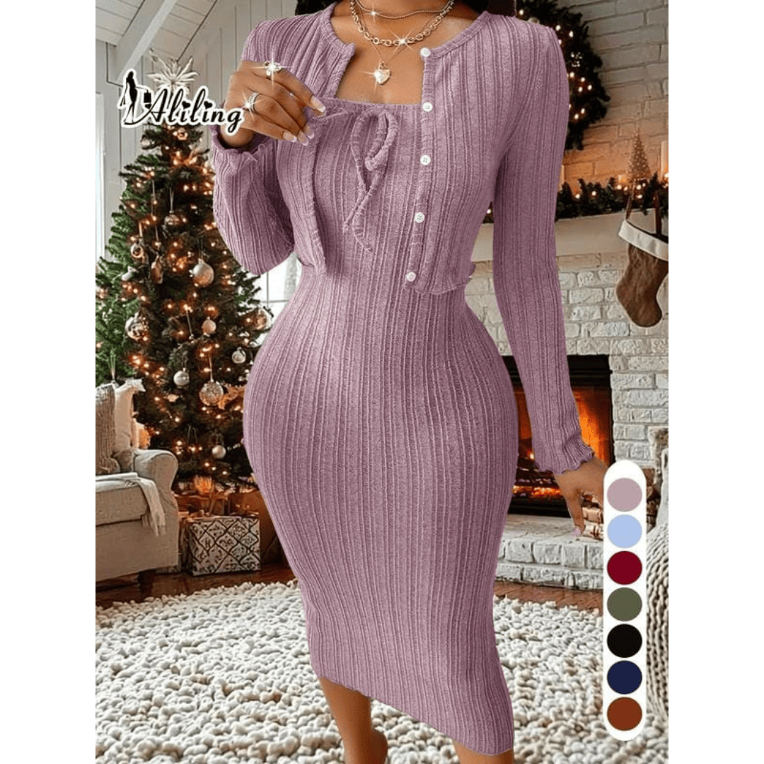 Ribbed Button-Front Cardigan & Bodycon Dress Set