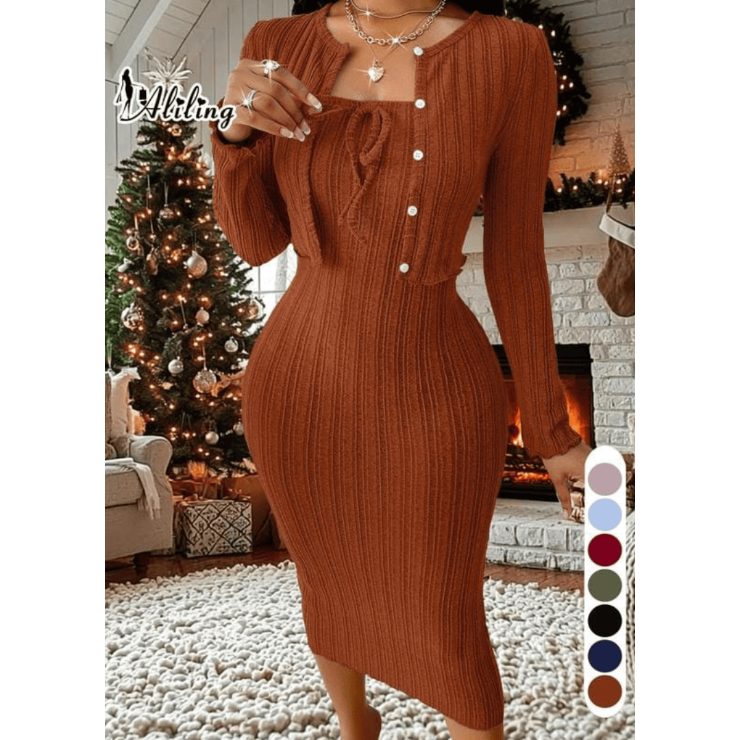 Ribbed Button-Front Cardigan & Bodycon Dress Set