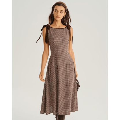 Brown Plaid Boat Neck A-Line Midi Dress